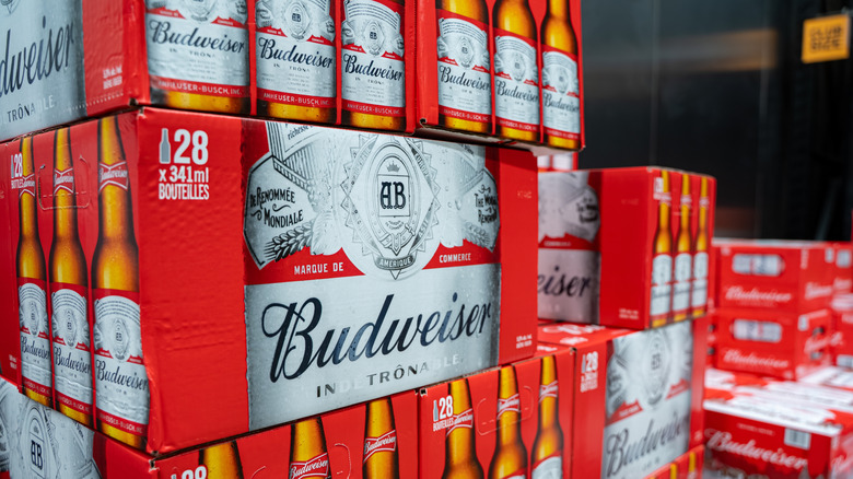 Stacked boxes of Budweiser beer boxes.