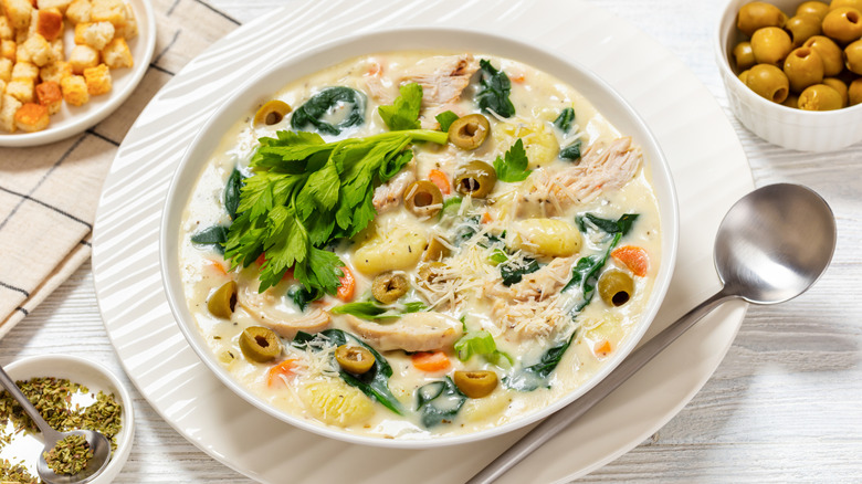 Bowl of creamy Italian chicken soup with gnocchi