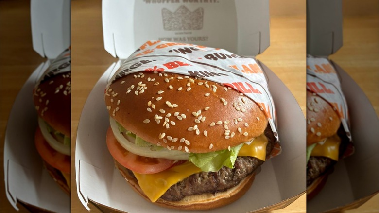 Burger King Whopper served in its box.