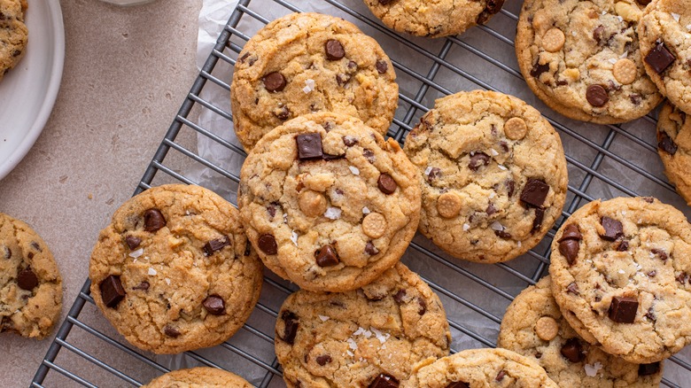 Chocolate chip cookies on cooling rack