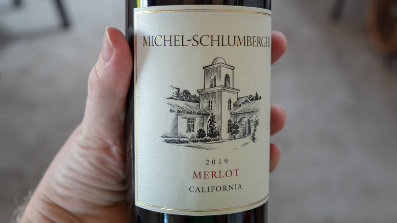 A hand holds a bottle of merlot.