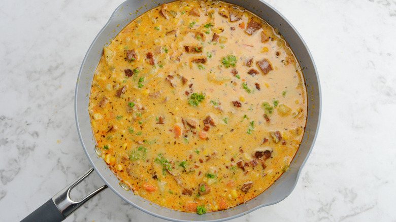 corn chowder in pot
