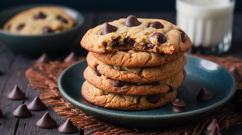 chocolate chip cookies piled up on a blue plate