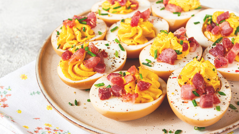 Deviled eggs with chopped bacon