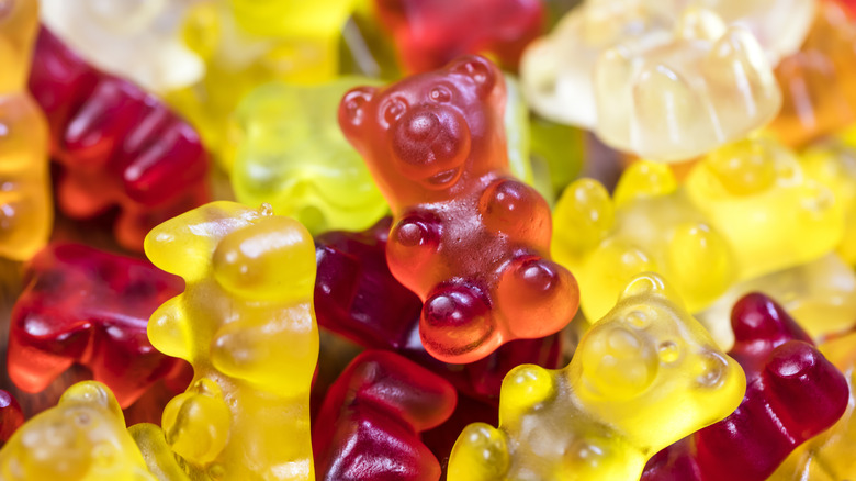 Close up shot of colorful gummy bear candies