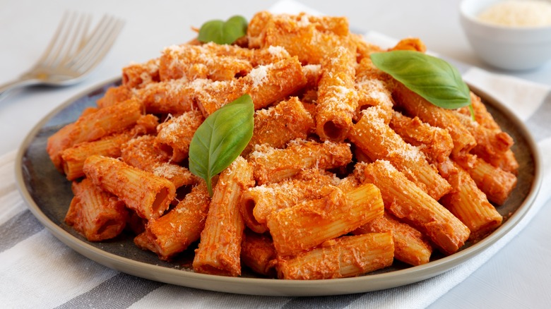 Bowl of pasta with vodka sauce and basil