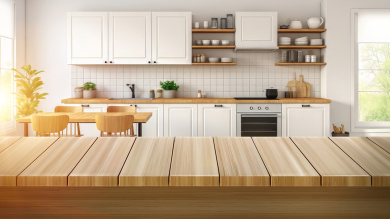 A slatted, wooden kitchen countertop