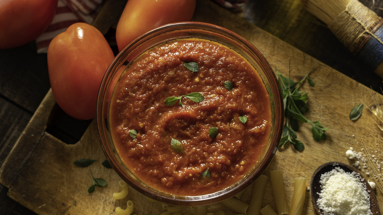 Pasta sauce with seasonings on display