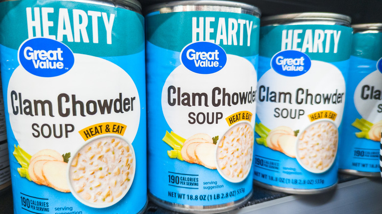 Cans of clam chowder.