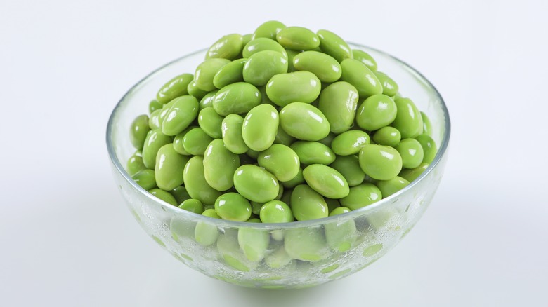 glass bowl of shelled edamame