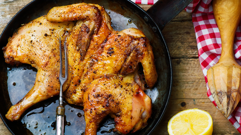 Chicken under a brick
