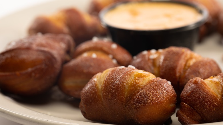 Pretzel bites served on a plate with a cup of beer cheese