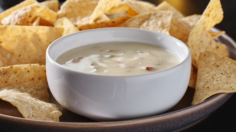 Queso dip in bowl surrounded by tortilla chips