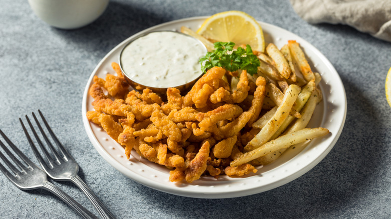Plate of fried clam strips with fries and a cup of tartar sauce on a plate.