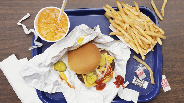 fast food items on blue plastic tray