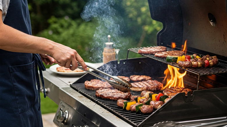 A cook grilling on gas.