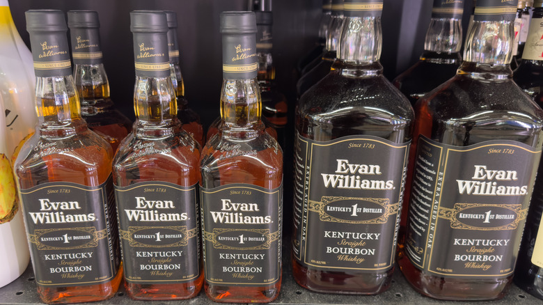 Bottles of Evan Williams Kentucky Straight Bourbon Whiskey on display