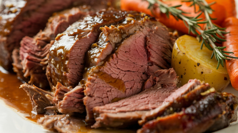 Cooked roast beef in a pot