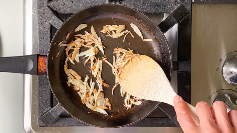 sauteeing shallots in pan