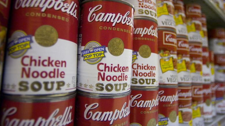 grocery shelf with canned soups