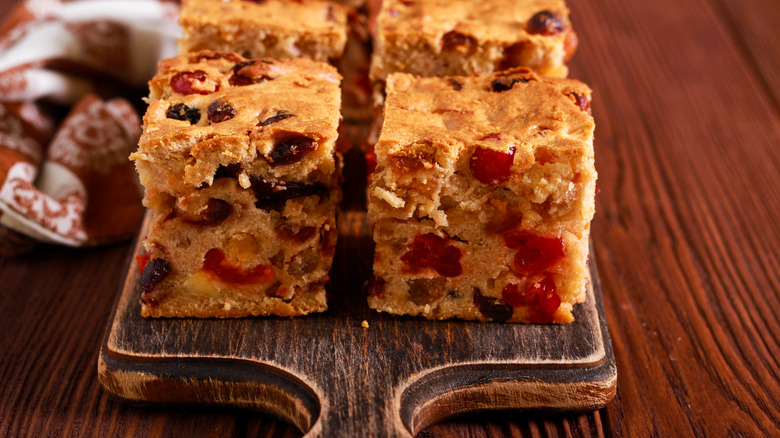 Fruit cake on wooden board
