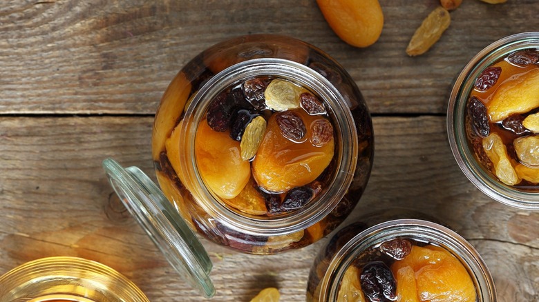 Brandied raisins and dried apricots in jar