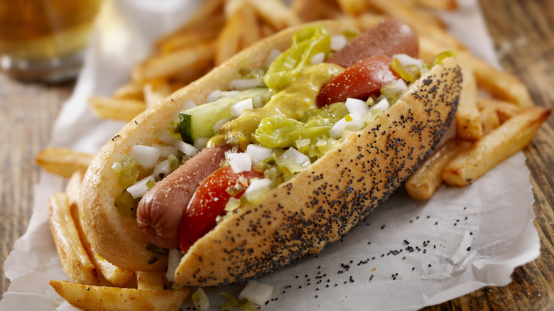 served Chicago style hot dog on paper
