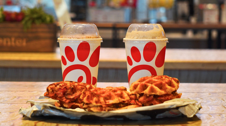 Chick-fil-A S'mores Frosted Coffee, S'mores Milkshake, and Chicken & Waffle Breakfast Sandwiches.