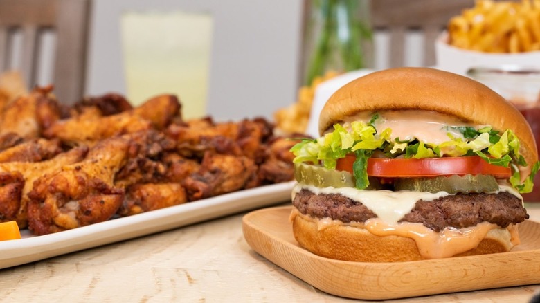A beef hamburger from True Blue restaurant