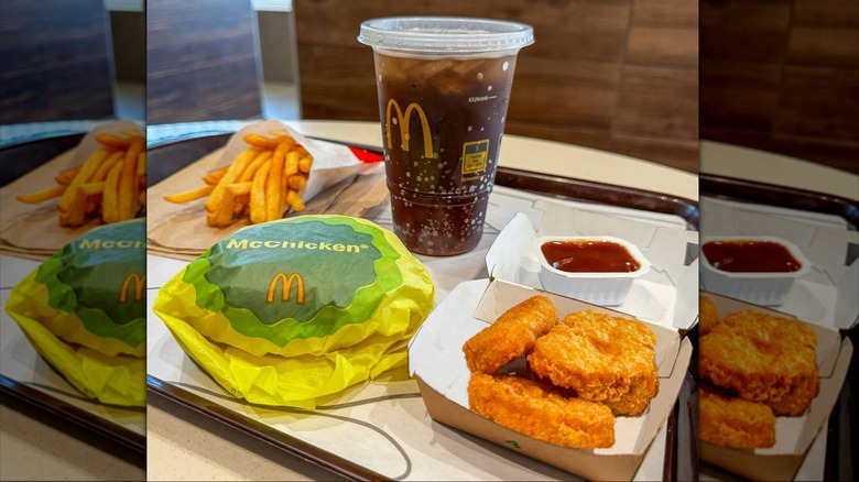 A McChicken Meal Deal with a McChicken sandwich, McNuggets, french fries, and a Coke.