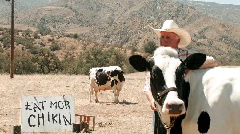 Two of the real Chick-fil-A cows are shown preparing for a commercial shoot at Phil's Animal Rentals in California
