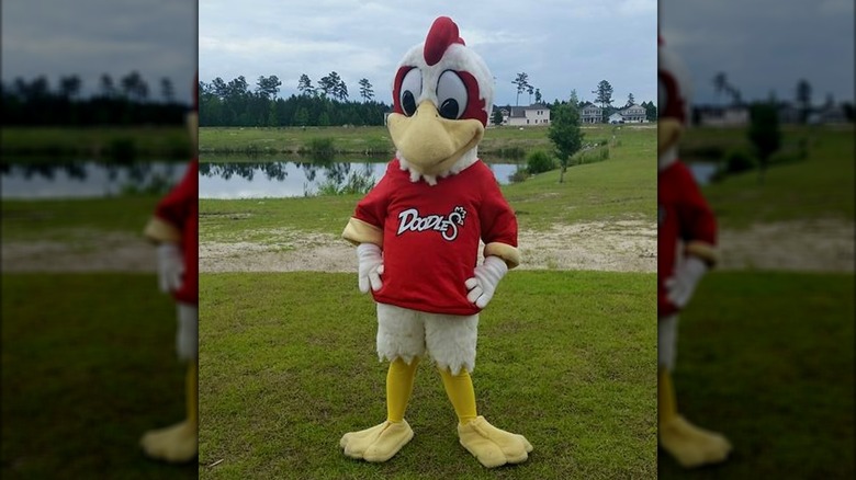 Doodles the chicken stands in an outdoor setting dressed in his red and yellow, Doodles-branded jersey