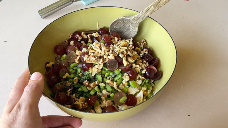 walnuts grapes celery in bowl