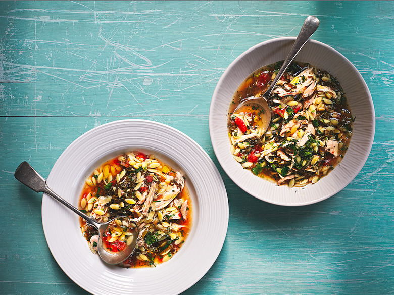 Chicken Soup With Orzo, Shredded Grape Leaves, Tomatoes, Lemon And Herbs Recipe