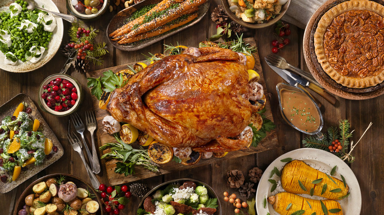 table with thanksgiving dinner on it