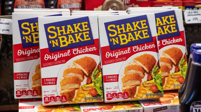 Boxes of Shake 'n Bake chicken mix.