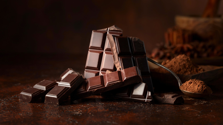 Cocoa powder and bricks of dark chocolate sit against a dark-brown background
