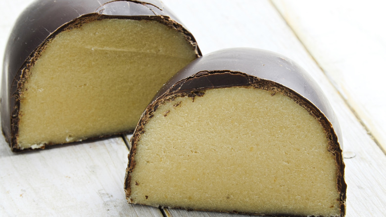 Closeup of a marzipan chocolate cut in half