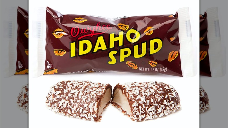An Idaho Spud treat broken in half sits near its candy wrapper