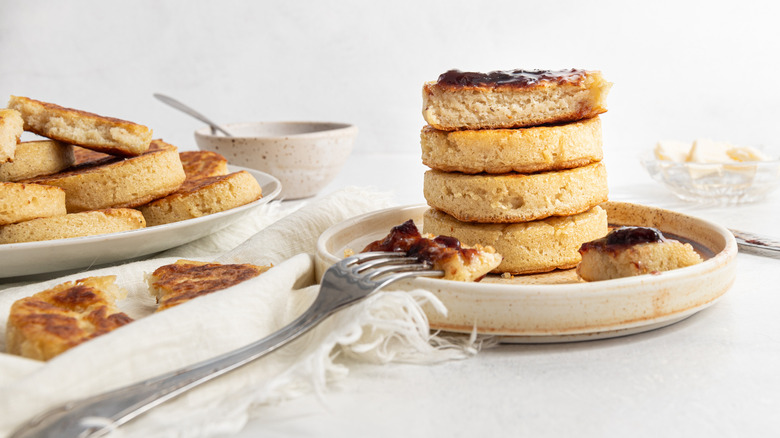 stacked crumpets with jam
