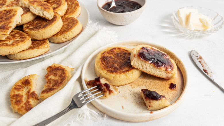 crumpets on plate with jam