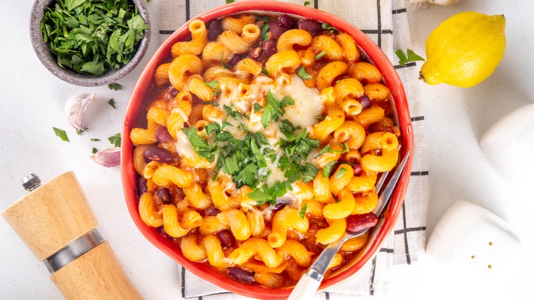 chili mac and cheese in a bowl