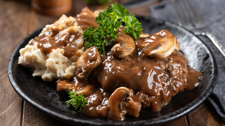 Salisbury steak with mushroom gravy and mashed potatoes