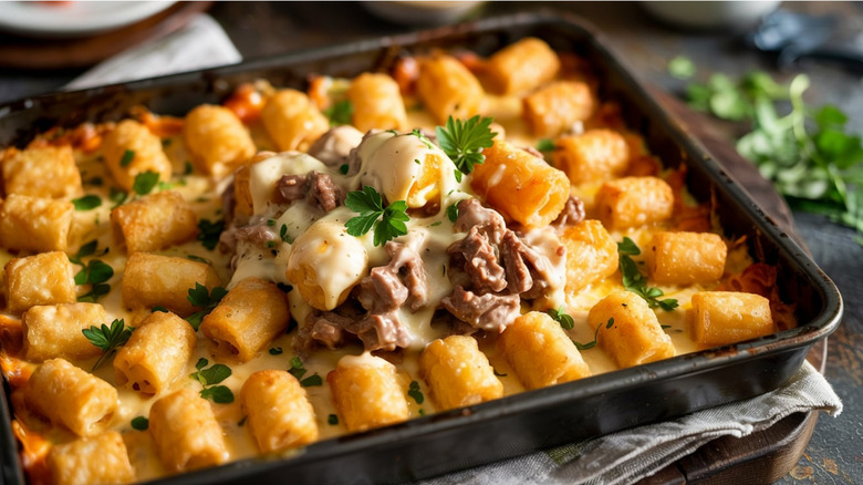 tater tot casserole in a tin