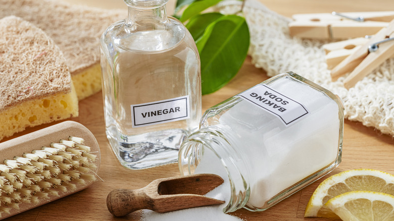 Vinegar and baking soda among cleaning supplies.