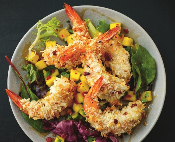 Spicy baked shrimp breaded with coconut and served with a fresh mango and cilantro salsa is a lovely, light appetizer.