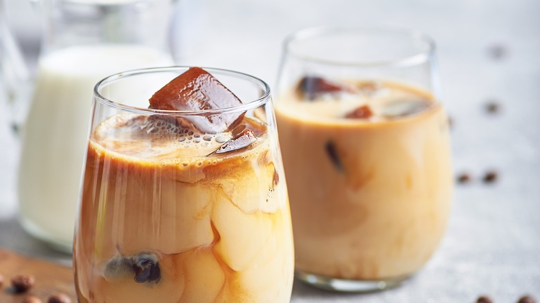 closeup of cold latte made with coffee ice cubes