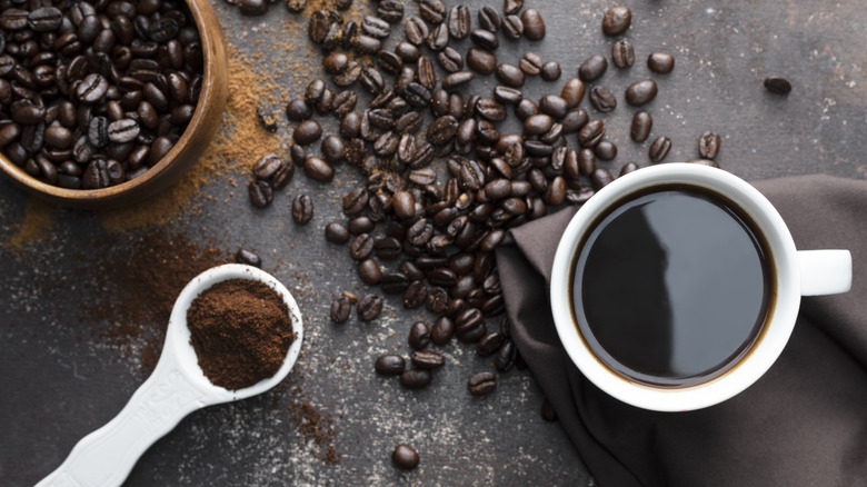 Black coffee with beans