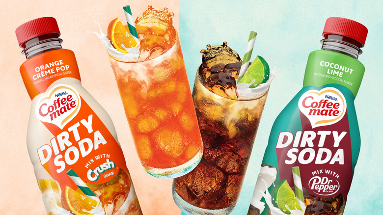 Bottles of Coffee Mate's new dirty soda flavors are pictured alongside glasses of soda with ice and straws