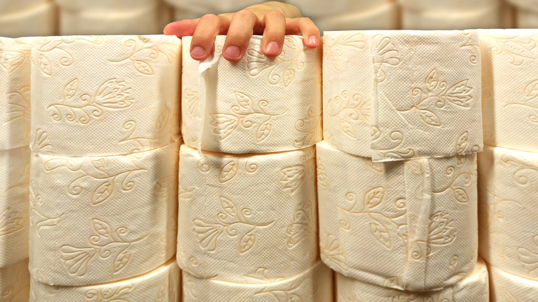 hand on stack of toilet paper